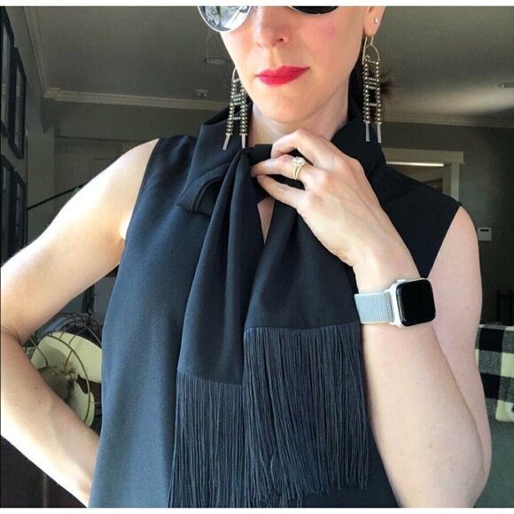 Cabi Sz M Black Fringed Tie Neck Shawl Scarf Sleeveless Tank Top Button Up - Picture 3 of 16